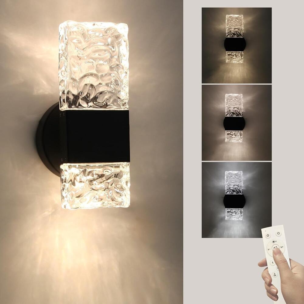 Black Crystal LED Wall Sconce with Remote, Dimmable 3000K–6000K